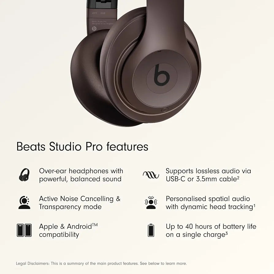 Beats Studio Pro Premium Wireless Over-Ear Headphones- Up to 40-Hour Battery Life, Active Noise Cancelling, Great for Travel & Commuting, USB-C Lossless Audio, Apple & Android Compatible - Deep Brown